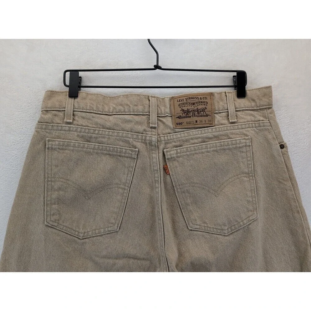 VTG 90s Levi's 550 Made in USA Orange Tab Relaxed Sandstone Tan Jeans 36x30